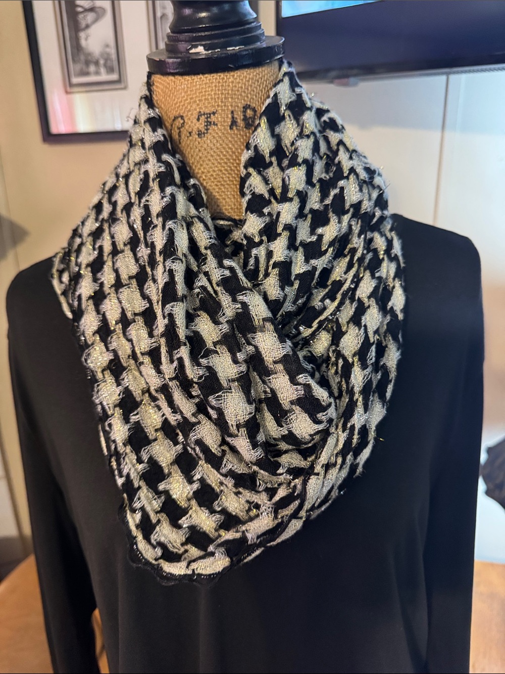 Black & Silver Metallic Houndstooth Infinity Scarf